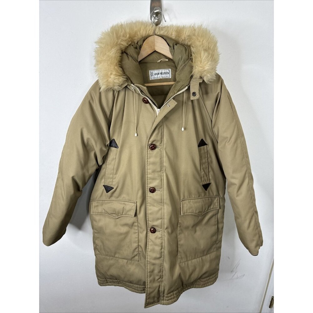 Vintage Van Heusen Men 42 M  Down Coat Parka Winter Warm Tan Snow